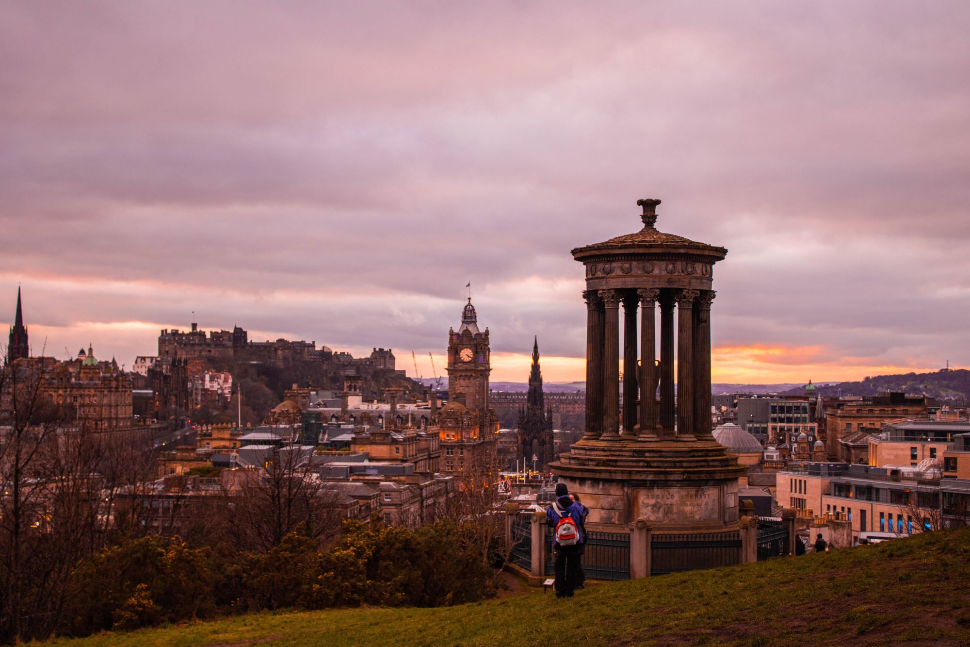 View across Edinburgh from Calton Hill, featuring the prominent Dugald Stewart Monument.