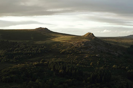 Dark tones of Dartmoor hills with trees and grey clouds