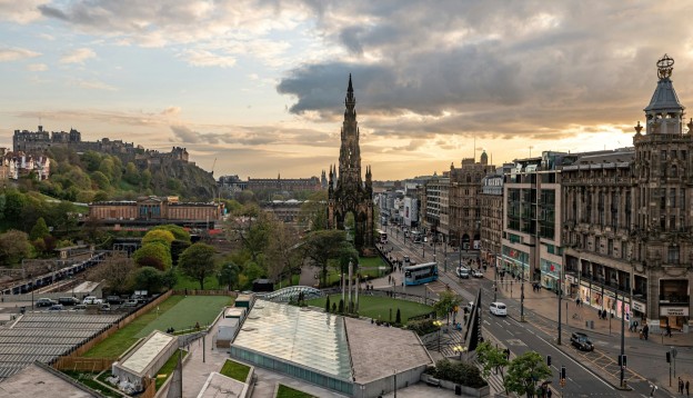 The Scott Monument in Edinburgh and the surrounding city.