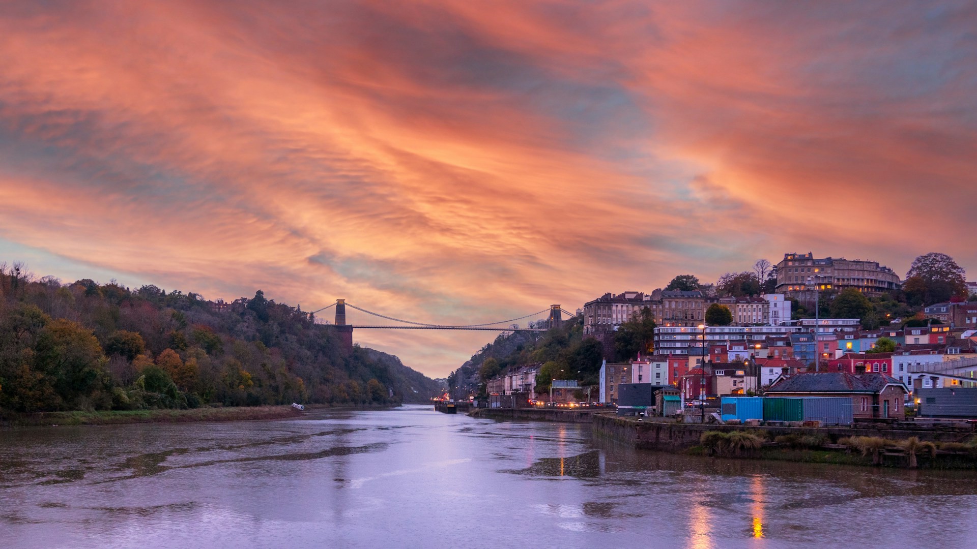 The Clifton Suspension Bridge at sunset.