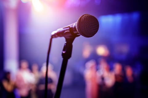 ​A close-up image of a microphone on a stage​.