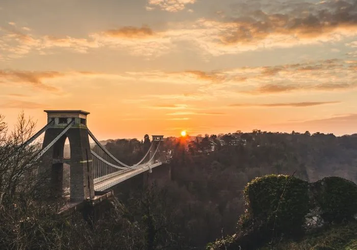 Clifton Suspension Bridge in Bristol at sunset.