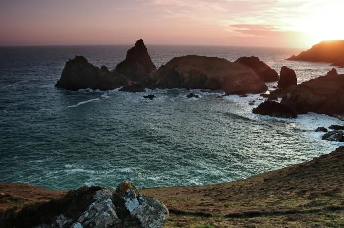 Kynance Cove at sunset.