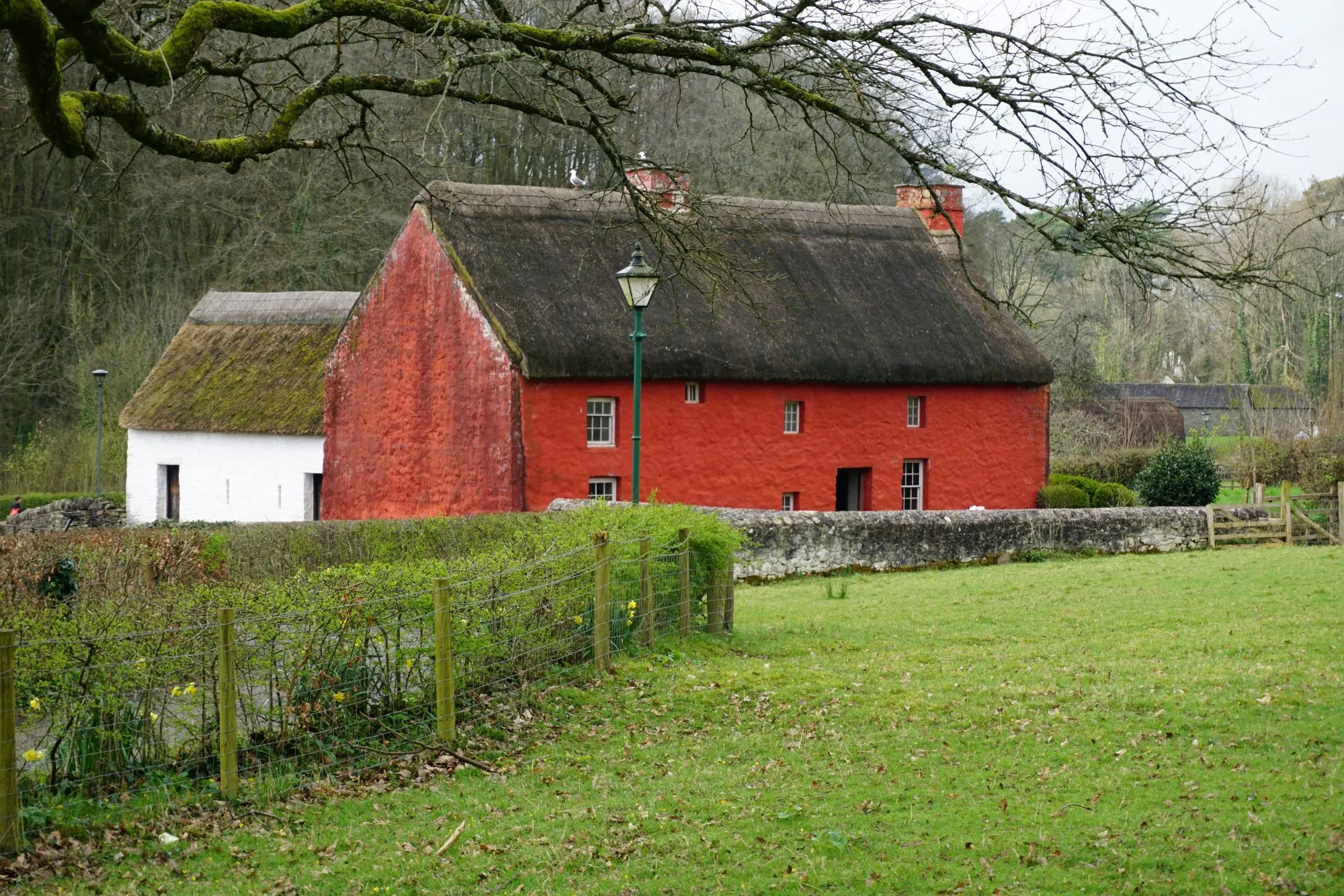 Red thatched-roof cottage on a green lawn at St Fagans National Museum of History.