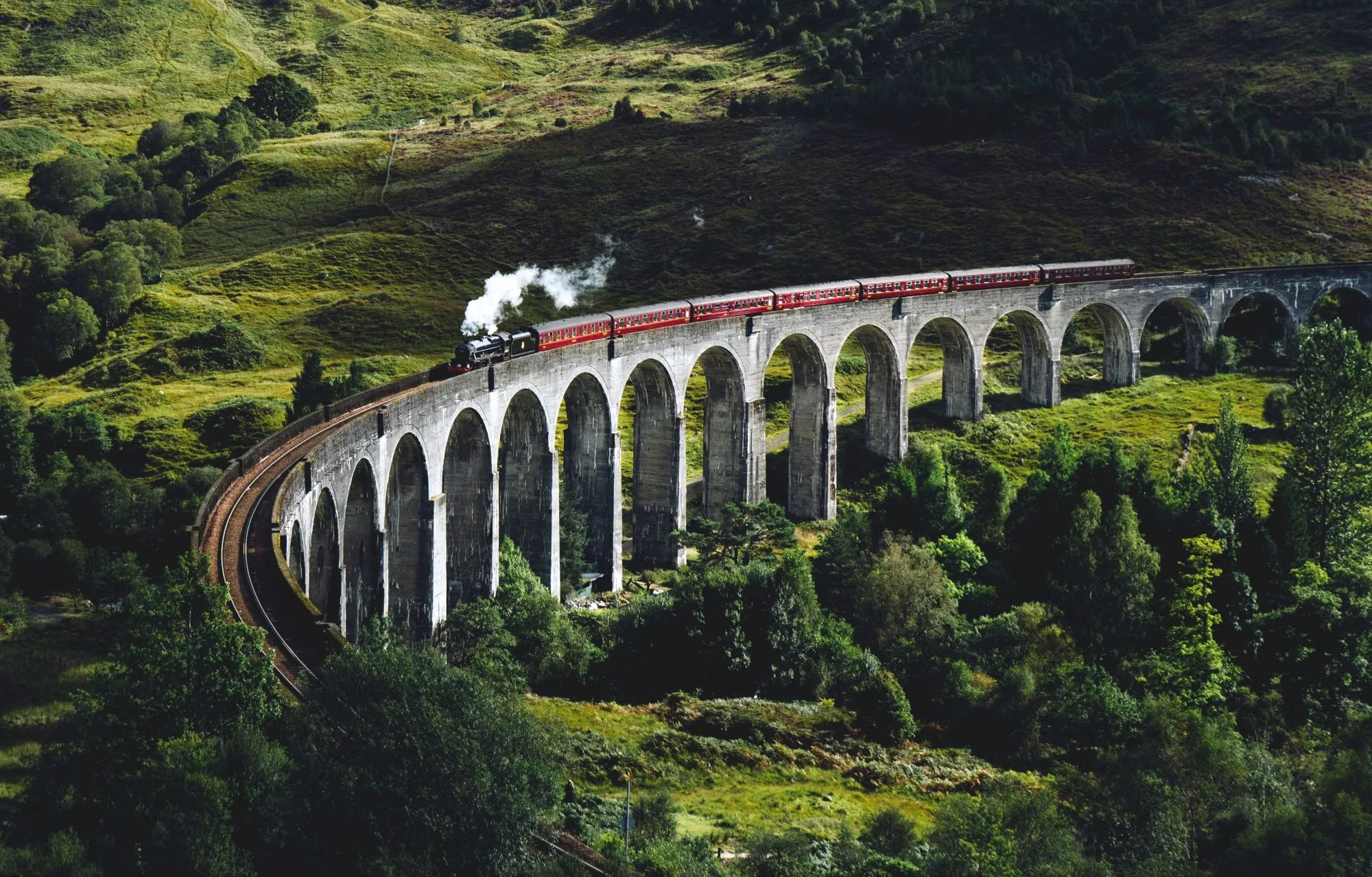 Steam train crossing a stone railway viaduct in a green valley.