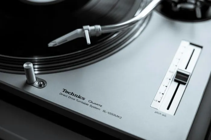 Close-up of a Technics turntable.