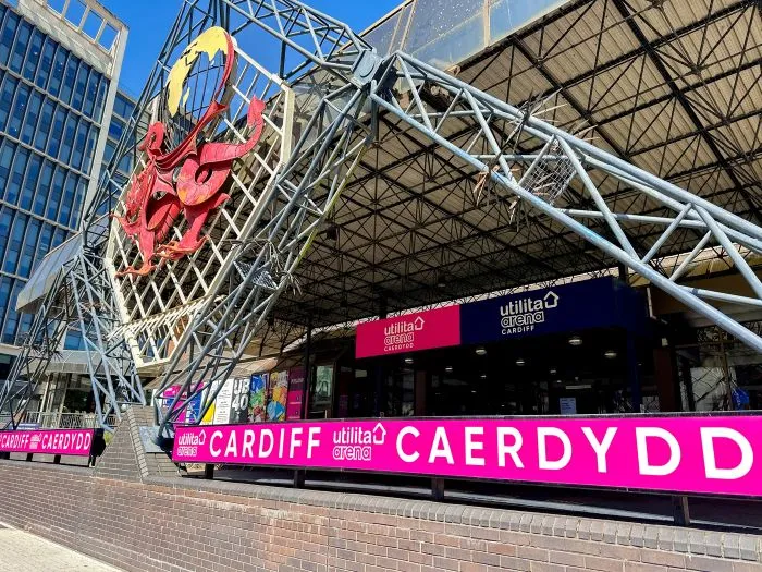 A large metal structure displaying a dragon outside the Utilita Arena in Cardiff.